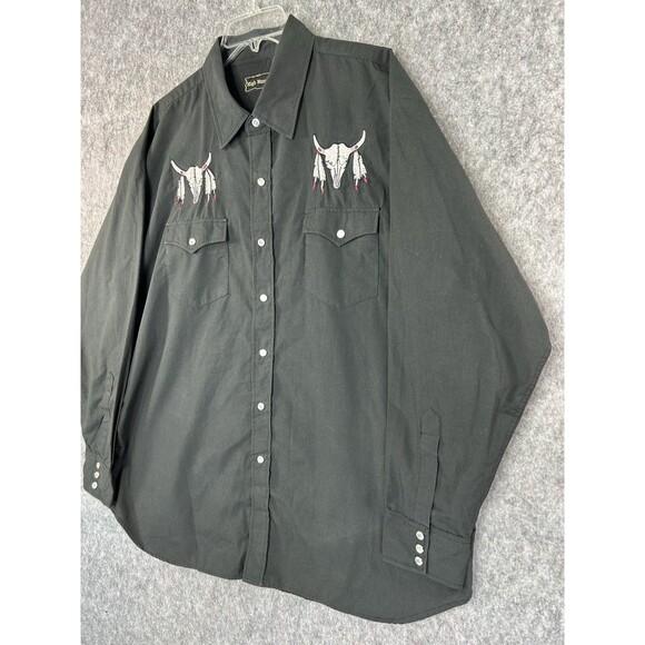 VTG High Noon Pearl Snap Western Shirt Men's XL Cow Skull Embroidered Black - Picture 2 of 10